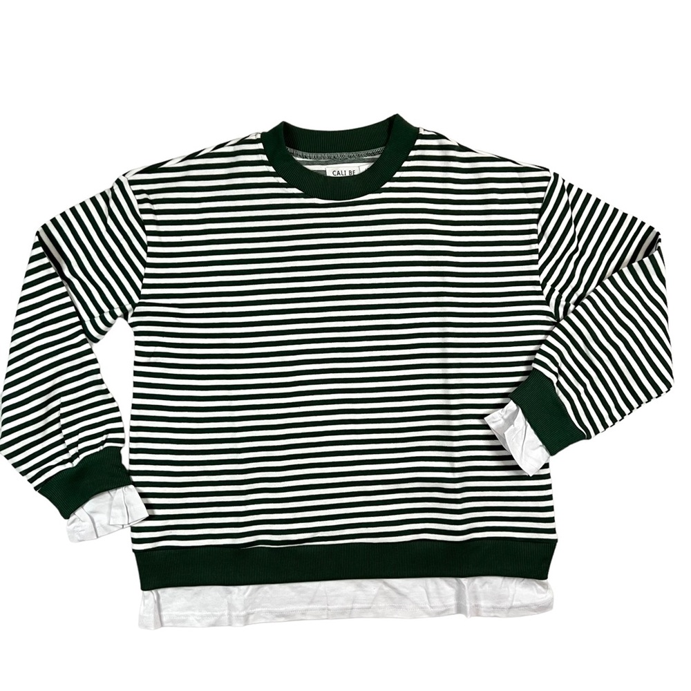 CALI BE Women’s Small Green/ White Striped Layer Look Pullover NWT. - Picture 1 of 8